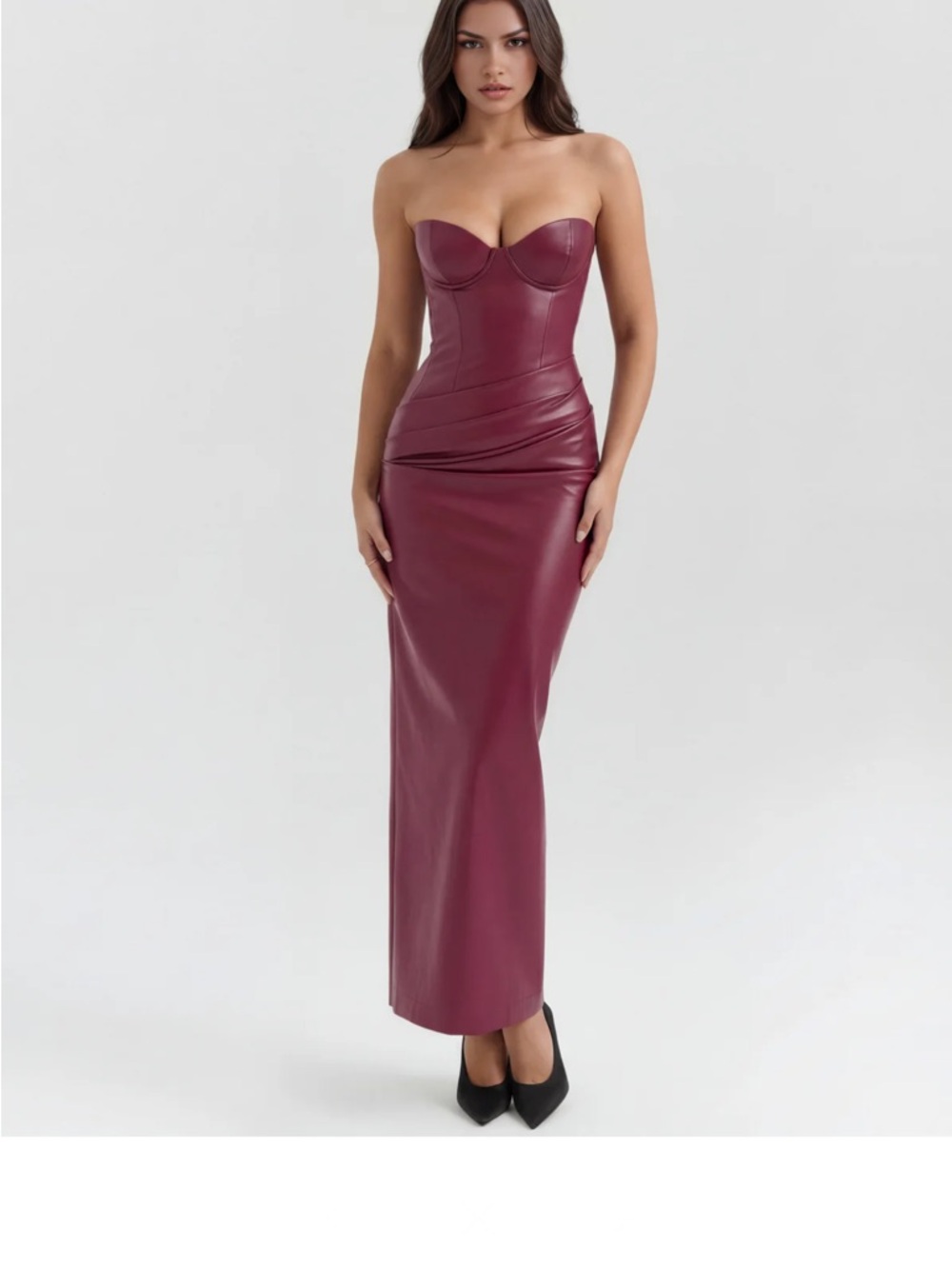 Strapless Faux-Leather Maxi Dress in Burgundy
